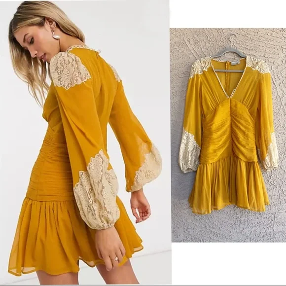 ASOS Mustard Yellow Saffron Chiffon Boho Lace Crochet Ruched Mini Dress - Picture 2 of 13